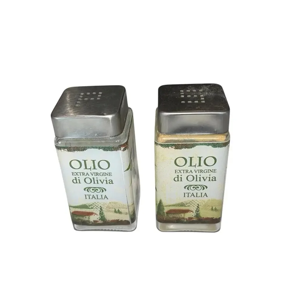 Tuscan Olive Oil Glass Salt Pepper Shakers Set‎ Square Metal Lids Kitchen Decor